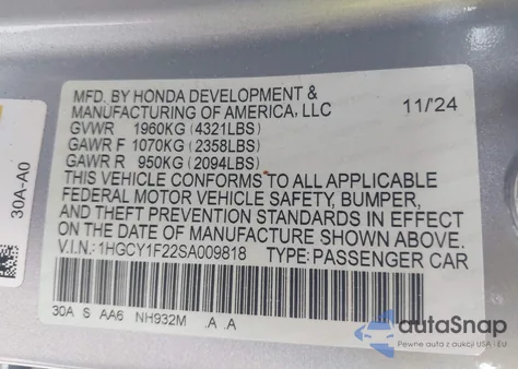 2025 Honda Accord Lx z USA, uszkodzony, nr VIN 1HGCY1F22SA009818